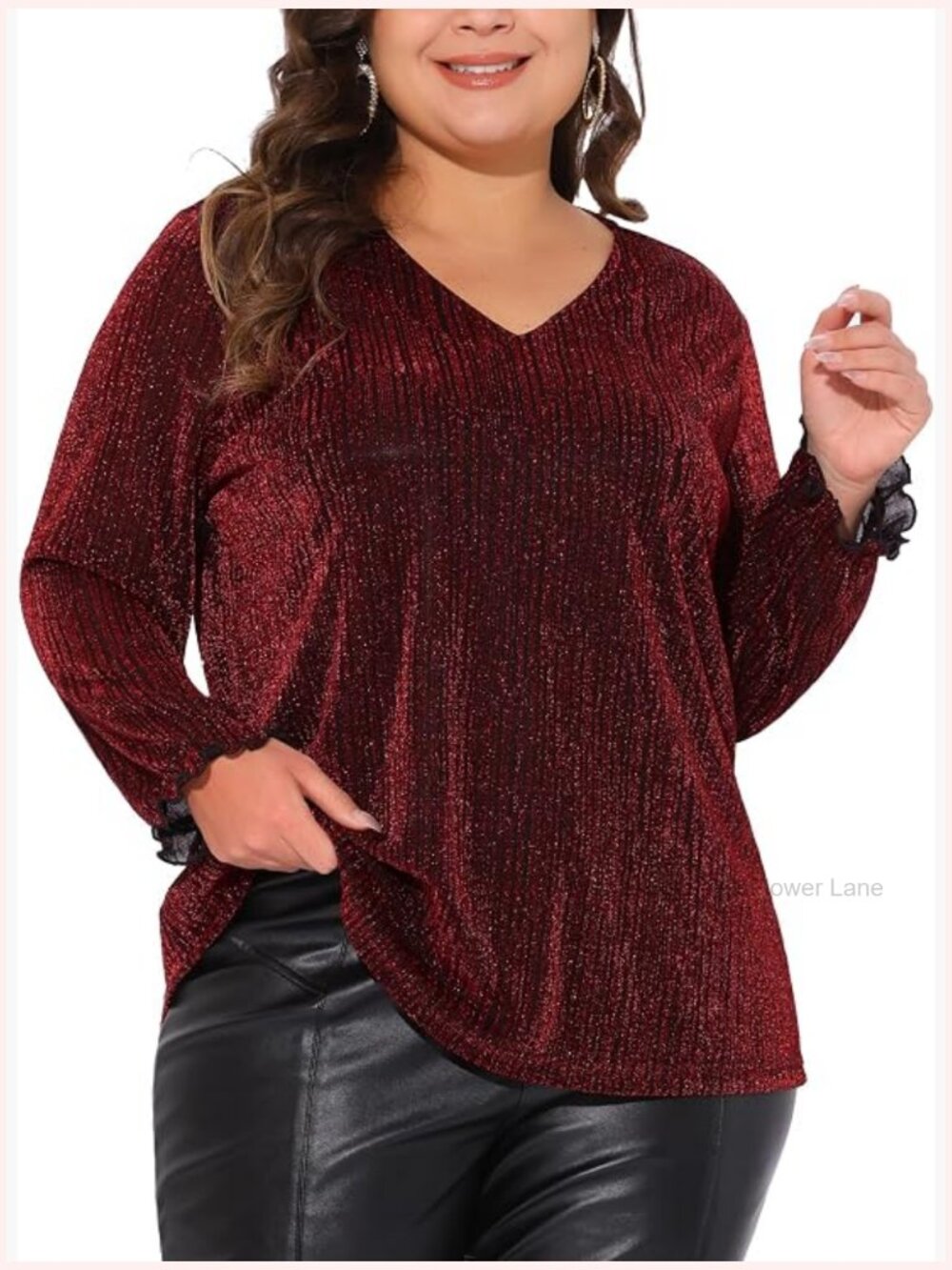 Plus Size Glitter V-Neck Long Sleeve Swing Blouse Party Top